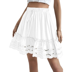 image:imageLYANER Womens Elastic Waist Self Tie Pullover Scallop Hem Pleated Casual Mini SkirtSolid White