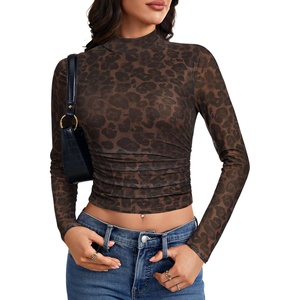 image:imageLYANER Womens Floral Mesh Long Sleeve Sheer Mock Neck Slim Fit Going Out Tee Crop TopsBlack Leopard