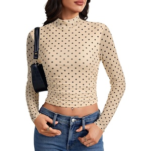 image:imageLYANER Womens Floral Mesh Long Sleeve Sheer Mock Neck Slim Fit Going Out Tee Crop TopsBlack Polka Dots