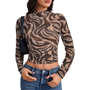 image:imageLYANER Womens Floral Mesh Long Sleeve Sheer Mock Neck Slim Fit Going Out Tee Crop TopsBrown Zebra Stripes