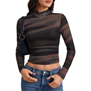 image:imageLYANER Womens Floral Mesh Long Sleeve Sheer Mock Neck Slim Fit Going Out Tee Crop TopsKhaki Blue Tie Dye