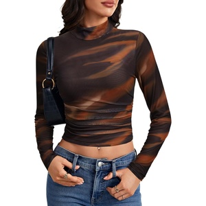 image:imageLYANER Womens Floral Mesh Long Sleeve Sheer Mock Neck Slim Fit Going Out Tee Crop TopsOrange Tie Dye