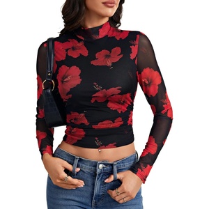 image:imageLYANER Womens Floral Mesh Long Sleeve Sheer Mock Neck Slim Fit Going Out Tee Crop TopsWine Red