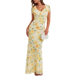 image:imageLYANER Womens Floral Mesh Ruffle V Neck Short Sleeve High Low Bodycon Wedding Guest Maxi DressLight Yellow