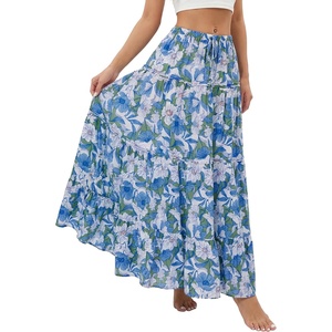 image:imageLYANER Womens Floral Print Elastic High Waisted Flowy A Line Tiered Boho Long SkirtsGrass Green