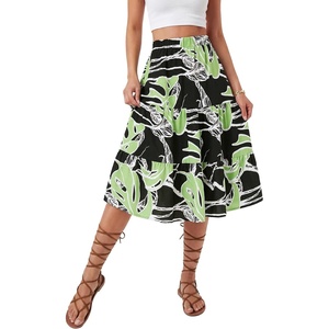 image:imageLYANER Womens Floral Print High Waisted A Line Tiered Ruffle Boho Swing Midi Skirts with PocketsDark Green Print