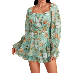 image:imageLYANER Womens Floral Print Off Shoulder Long Sleeve Ruffle Hem Romper Short JumpsuitFloral Aqua