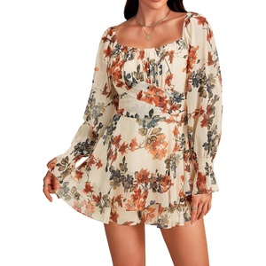 image:imageLYANER Womens Floral Print Off Shoulder Long Sleeve Ruffle Hem Romper Short JumpsuitFloral Beige