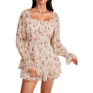 image:imageLYANER Womens Floral Print Off Shoulder Long Sleeve Ruffle Hem Romper Short JumpsuitFloral Beige and Pink