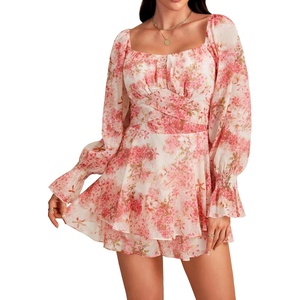 image:imageLYANER Womens Floral Print Off Shoulder Long Sleeve Ruffle Hem Romper Short JumpsuitFloral Orange