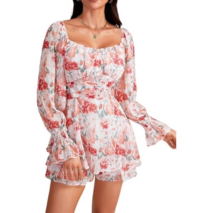 image:imageLYANER Womens Floral Print Off Shoulder Long Sleeve Ruffle Hem Romper Short JumpsuitFloral Pink