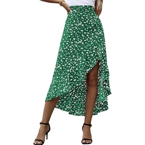 image:imageLYANER Womens Floral Printed Split High Low Ruffle Hem Elastic Waist Midi SkirtGreen