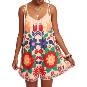 image:imageLYANER Womens Floral Tie Shoulder V Neck Backless Wide Leg Boho Vacation Romper JumpsuitsBeige