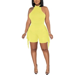 image:imageLYANER Womens Halter Fridge Tassel Sides Sleeveless Bodycon Club Short Jumpsuit RompersYellow