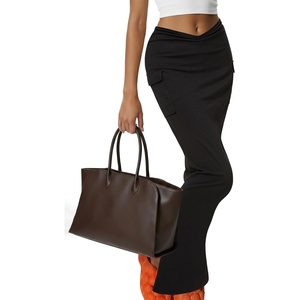 image:imageLYANER Womens High Waist Ruched Split Solid Pencil Long Maxi Skirt with Flap Pockets Black XLarge