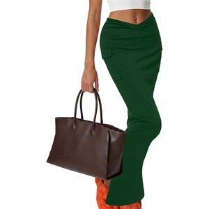 image:imageLYANER Womens High Waisted Bodycon Maxi Skirt Ruched Side Split Pencil Long Skirt with Flap PocketsDark Green