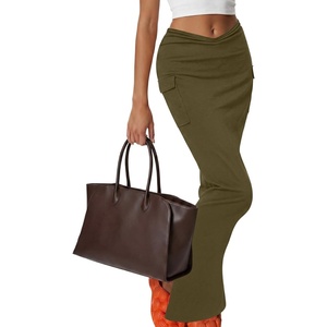 image:imageLYANER Womens High Waisted Bodycon Maxi Skirt Ruched Side Split Pencil Long Skirt with Flap PocketsPure Army Green