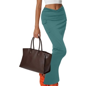image:imageLYANER Womens High Waisted Bodycon Maxi Skirt Ruched Side Split Pencil Long Skirt with Flap PocketsPure Bean Green