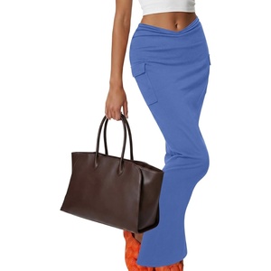 image:imageLYANER Womens High Waisted Bodycon Maxi Skirt Ruched Side Split Pencil Long Skirt with Flap PocketsPure Cowboy Blue