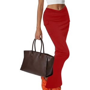 image:imageLYANER Womens High Waisted Bodycon Maxi Skirt Ruched Side Split Pencil Long Skirt with Flap PocketsRed