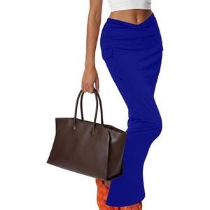 image:imageLYANER Womens High Waisted Bodycon Maxi Skirt Ruched Side Split Pencil Long Skirt with Flap PocketsRoyal Blue