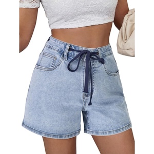 image:imageLYANER Womens High Waisted Stretchy Drawstring Casual Denim Shorts with PocketsLight Blue