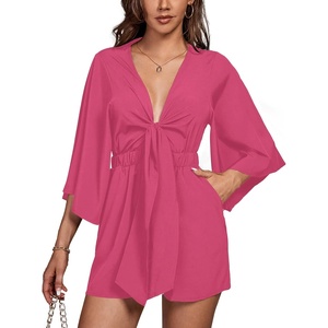 image:imageLYANER Womens Jumpsuit Polka Dots Deep V Neck Tie Knot Half Sleeve Romper PlaysuitRose