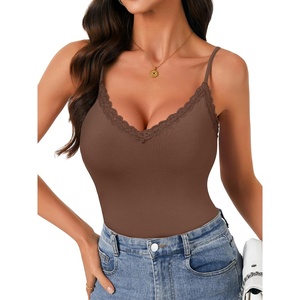 image:imageLYANER Womens Lace V Neck Camisole Adjustable Spaghetti Strap Cami Tops Sleeveless Tank ShirtsCoffee