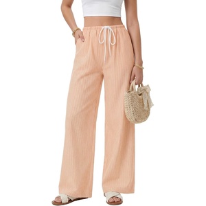 image:imageLYANER Womens Low Rise Striped Pants Wide Leg Cotton Elastic Drawstring Pajama Lounge Wear SleepweaOrange