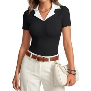 image:imageLYANER Womens Ribbed Collared Color Block Short Sleeve Slim Fit Work Business Tee TopBlack