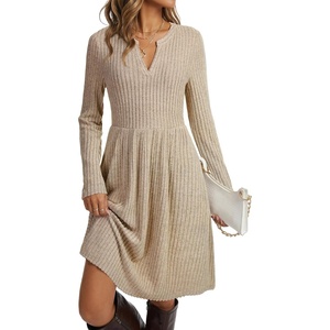 image:imageLYANER Womens Ribbed Knit V Neck Long Sleeve Ruffle A Line Casual Midi Dress with PocketsKhaki