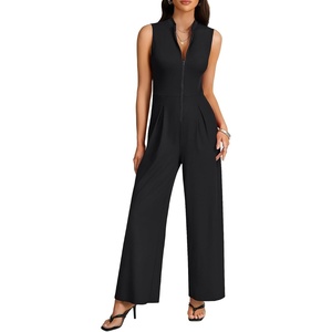 image:imageLYANER Womens Ribbed Zipper V Neck Sleeveless Wide Leg Casual Long Pants Romper JumpsuitsBlack
