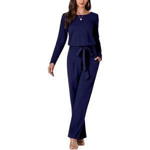 image:imageLYANER Womens Round Neck Long Sleeve Keyhole Back Waist Tie Romper Wide Leg Pant Jumpsuit with pocketsNavy Blue