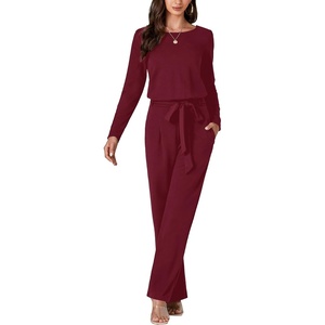 image:imageLYANER Womens Round Neck Long Sleeve Keyhole Back Waist Tie Romper Wide Leg Pant Jumpsuit with pocketsWine Red