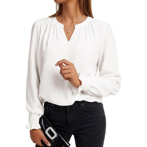 image:imageLYANER Womens Ruched V Neck Smocked Long Sleeve Loose Fit Dressy Casual Blouse TopsWhite