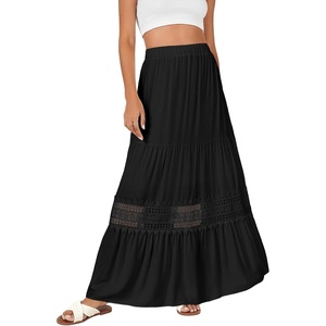 image:imageLYANER Womens Ruffle Elastic Waist Boho Long Skirt Lace Trim Aline Flowy Swing Tiered Beach Maxi Skirts