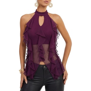 image:imageLYANER Womens Ruffle Sheer Mesh Halter Neck Cut Out Sleeveless Layered Y2k Crop Tank TopDark Purple