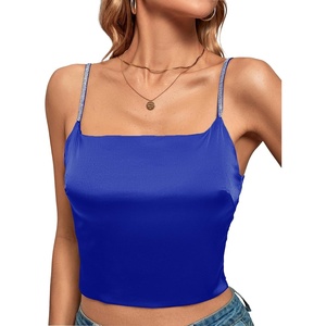 image:imageLYANER Womens Satin Rinestone Spaghetti Straps Square Neck Sleeveless Cami Crop TopRoyal Blue