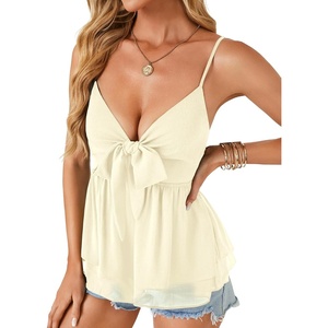 image:imageLYANER Womens Sexy Deep V Neck Babydoll Tank Top Spaghetti Strap Tie Front Flowy Peplum Cami Going Out TopsBeige