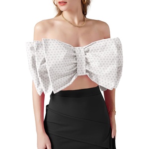 image:imageLYANER Womens Sexy Layer Bow Tie Tube Crop Top Sleeveless Strapless Print Party Fluffy Tank TopWhite