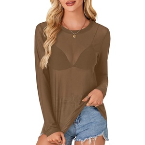 image:imageLYANER Womens Sheer Mesh Long Sleeve Round Neck Sexy See Through Blouse Shirt TopBrown01