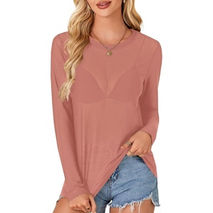 image:imageLYANER Womens Sheer Mesh Long Sleeve Round Neck Sexy See Through Blouse Shirt TopDusty Pink