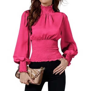 image:imageLYANER Womens Shirred Frill Mock Neck Smocked Puff Long Sleeve Blouse TopRose