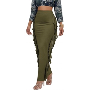 image:imageLYANER Womens Skirt Fringe Side Tassel Elastic Waist Slim Bodycon Long Maxi Pencil Skirts for ClubArmy Green