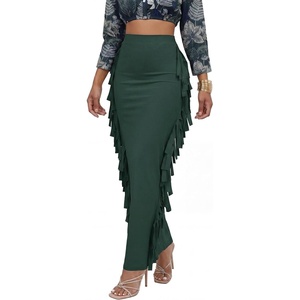 image:imageLYANER Womens Skirt Fringe Side Tassel Elastic Waist Slim Bodycon Long Maxi Pencil Skirts for ClubDark Green