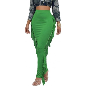 image:imageLYANER Womens Skirt Fringe Side Tassel Elastic Waist Slim Bodycon Long Maxi Pencil Skirts for ClubGrass Green