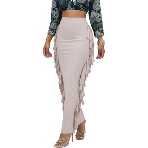 image:imageLYANER Womens Skirt Fringe Side Tassel Elastic Waist Slim Bodycon Long Maxi Pencil Skirts for ClubGrey Apricot