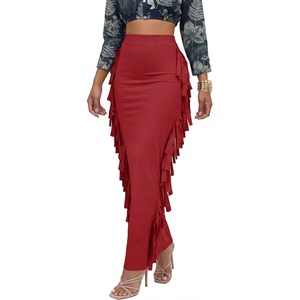 image:imageLYANER Womens Skirt Fringe Side Tassel Elastic Waist Slim Bodycon Long Maxi Pencil Skirts for ClubLight Wine