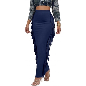 image:imageLYANER Womens Skirt Fringe Side Tassel Elastic Waist Slim Bodycon Long Maxi Pencil Skirts for ClubNavy Blue
