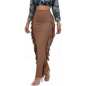 image:imageLYANER Womens Skirt Fringe Side Tassel Elastic Waist Slim Bodycon Long Maxi Pencil Skirts for ClubPure Khaki
